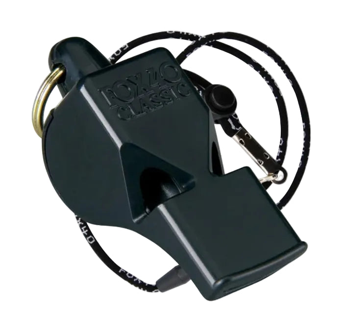 Black whistle with a lanyard on a white background